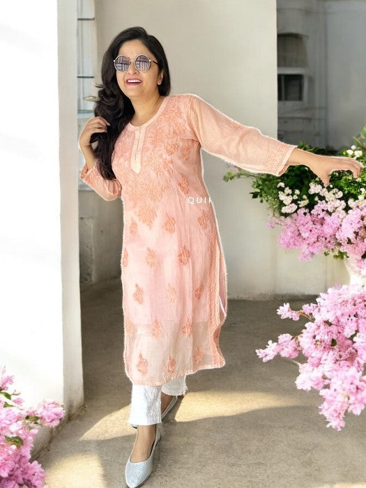 Firoza Chikankari Cotton Kota Kurta - Peach