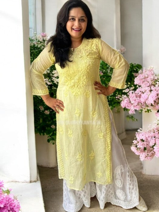 Firoza Chikankari Cotton Kota Kurta - Yellow