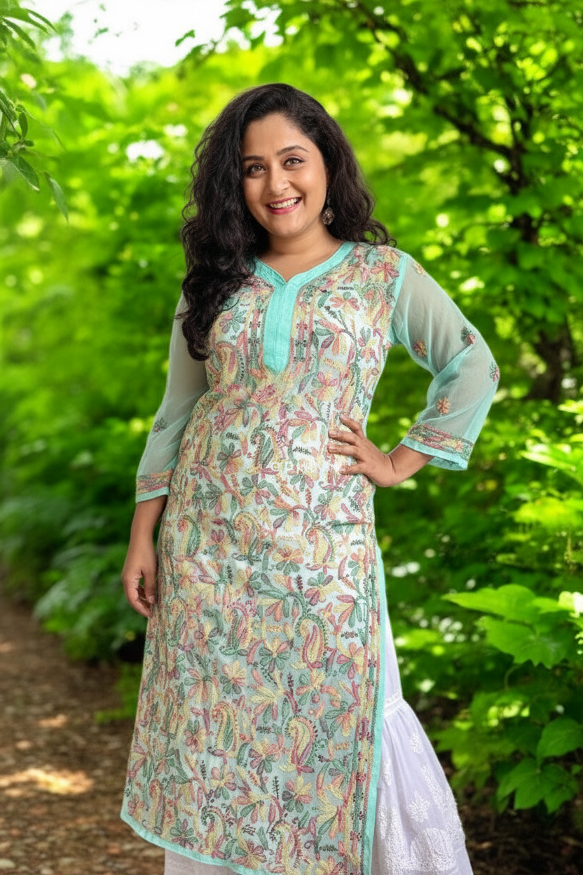 Gulzaar Chikankari Multicolor Thread Georgette Kurta - Sea Green