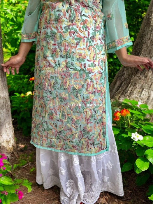 Gulzaar Chikankari Multicolor Thread Georgette Kurta - Sea Green