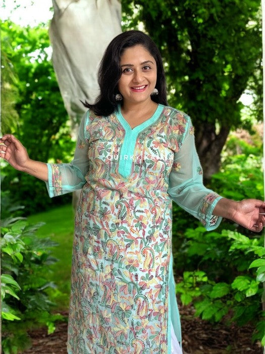 Gulzaar Chikankari Multicolor Thread Georgette Kurta - Sea Green