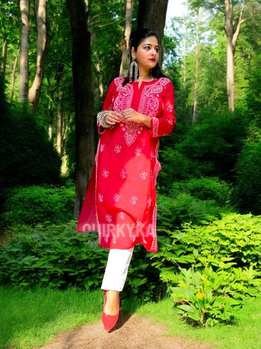 Gulaab Chikankari Cotton Kurta - Red