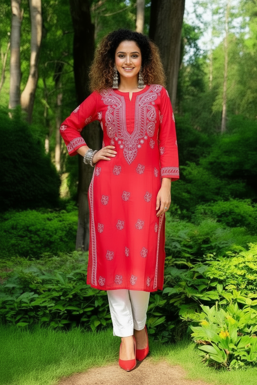 Gulaab Chikankari Cotton Kurta - Red