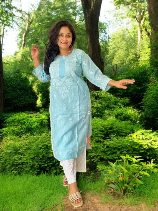 Gulaab Chikankari Cotton Kurta - Light Blue