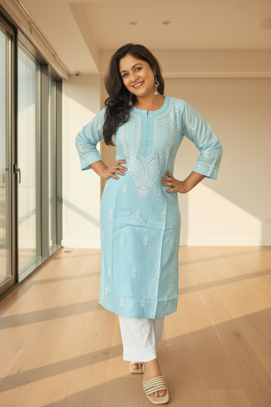 Gulaab Chikankari Cotton Kurta - Light Blue