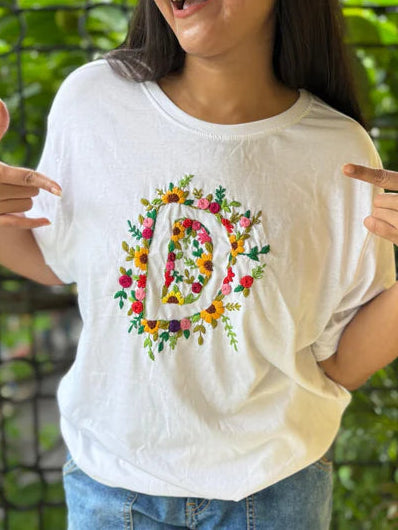 Hana Alphabet Embroidered T-shirt Top - White