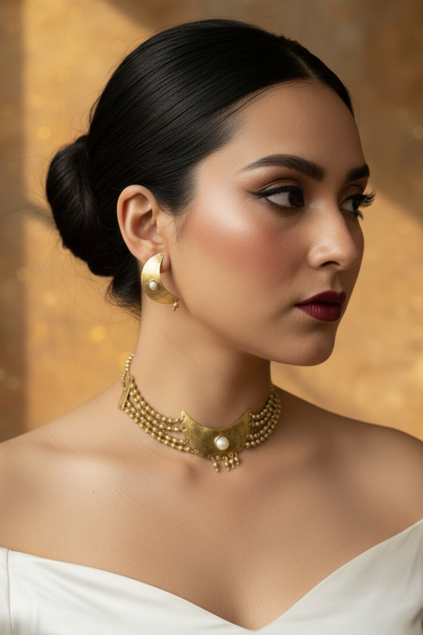 Prathama Chandni Moon Pearl Brass Choker Necklace Jewelry Set (Necklace, Earrings, Ring)