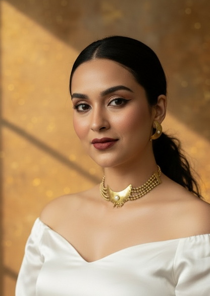 Prathama Chandni Moon Pearl Brass Choker Necklace Jewelry Set (Necklace, Earrings, Ring)