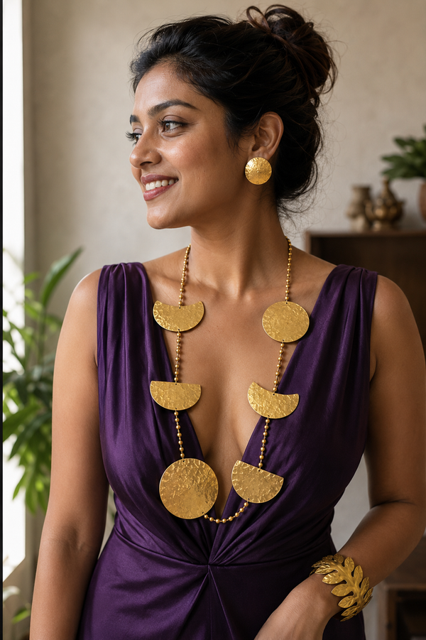 Phases of the Moon Brass Statement Necklace Jewelry Set (Necklace, Earrings)