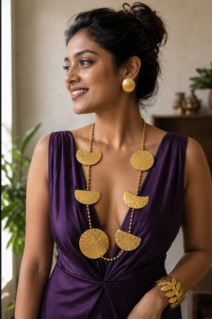 Phases of the Moon Brass Statement Necklace Jewelry Set (Necklace, Earrings)
