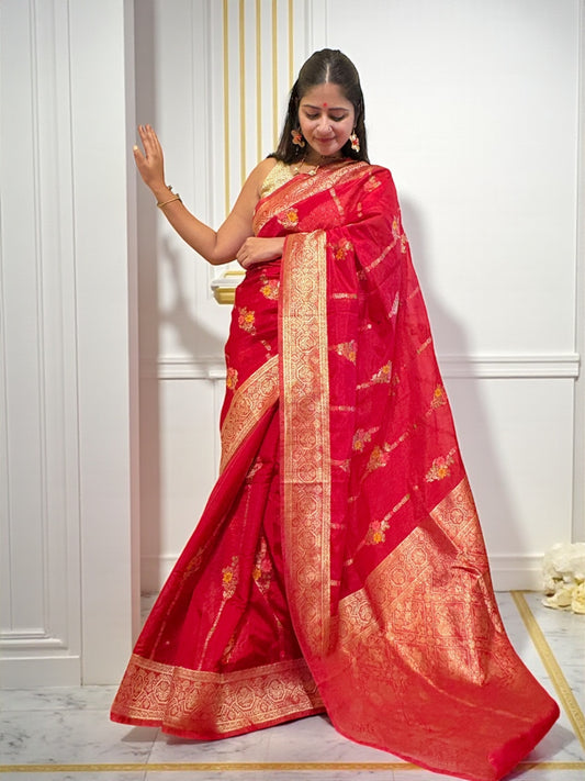 Ranjini Organza Benarasi Saree - Red