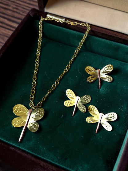 Dragonfly Brass Pendant Chain Necklace Jewelry Set (Necklace, Earrings, Ring)-1