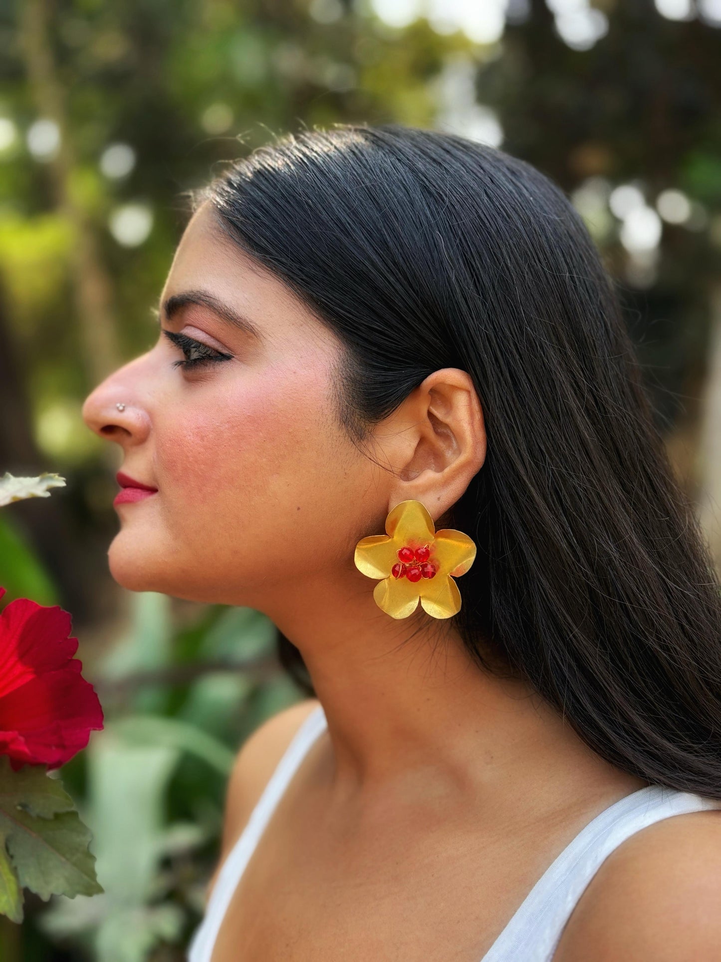 Red Beaded Ghungru Flower Brass Stud Earrings