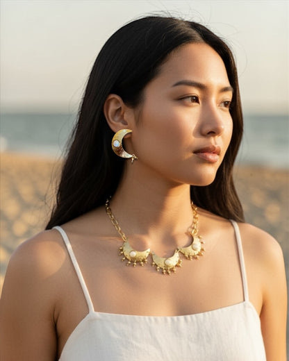 Tritiya Chandni Moon Pearl Brass Statement Necklace Set (Necklace + Earrings)