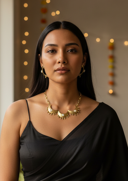 Tritiya Chandni Moon Pearl Brass Statement Necklace Set (Necklace + Earrings)