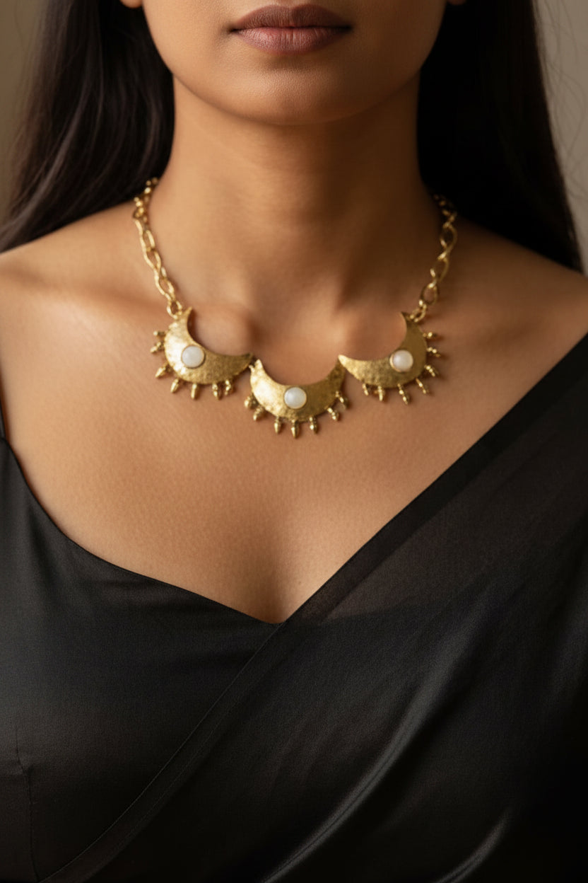 Chandni Brass Necklace Jewelry Set (2 Necklaces + 1 Earrings + 1 Ring)