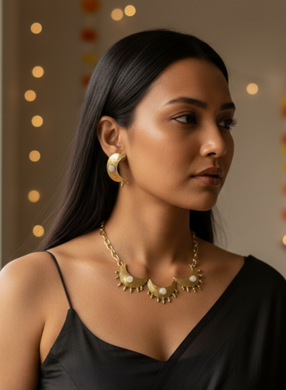 Tritiya Chandni Moon Pearl Brass Statement Necklace Set (Necklace + Earrings)