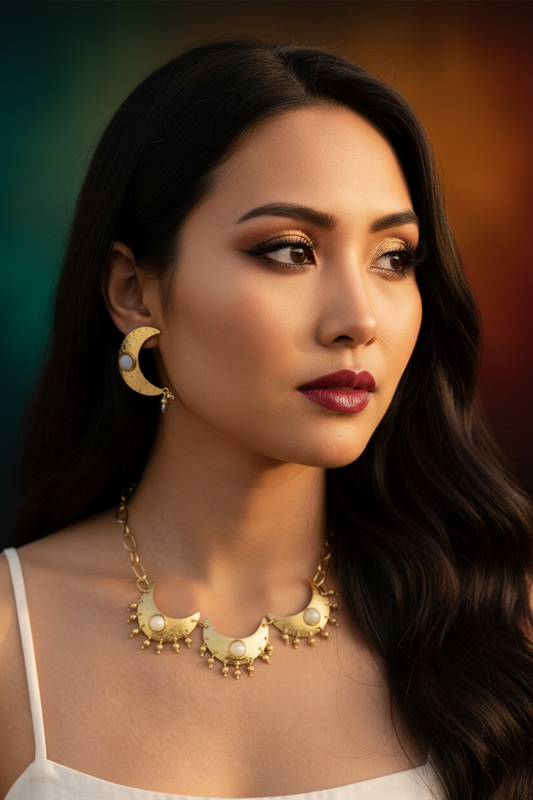 Tritiya Chandni Moon Pearl Brass Statement Necklace Set (Necklace+ Earrings)