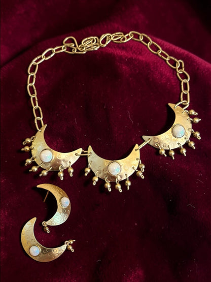 Tritiya Chandni Moon Pearl Brass Statement Necklace Set (Necklace + Earrings)