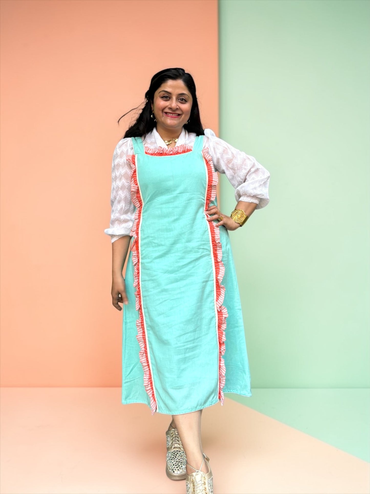 Katerina Gamchha Accent Cotton Frilled A-line Dress - Sea Green