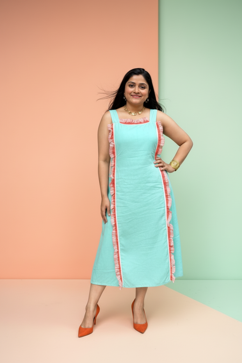 Katerina Gamchha Accent Cotton Frilled A-line Dress - Sea Green