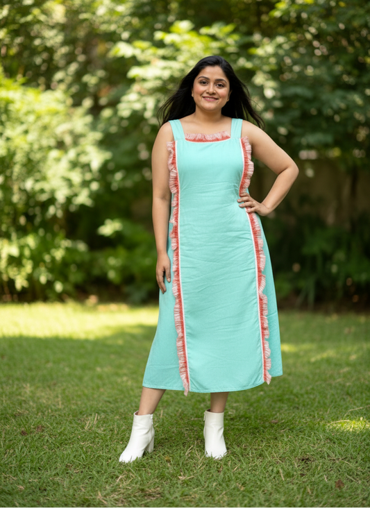 Katerina Gamchha Accent Cotton Frilled A-line Dress - Sea Green
