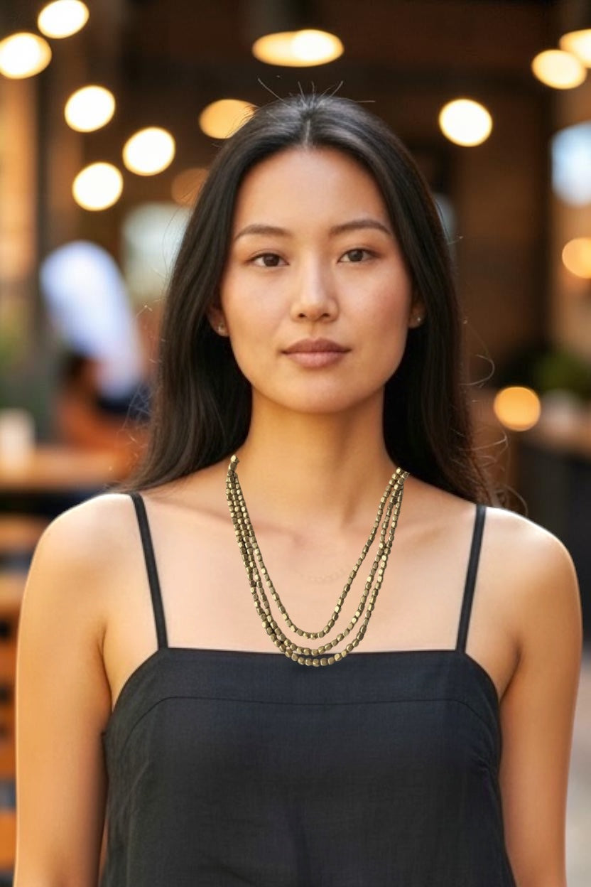 Three Layered Beaded Brass Long Necklace Jewelry Set