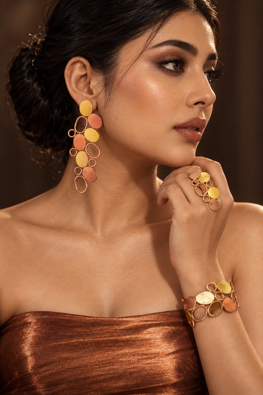 Abstract Circles Brass Dangler Earrings Jewelry Set (Earrings, Bracelet, Ring)