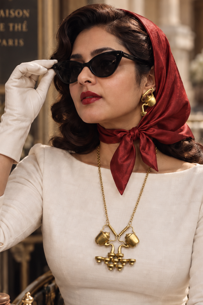 High Tea Premium Sculptural Brass Necklace Jewelry Set (Necklace, Earrings)