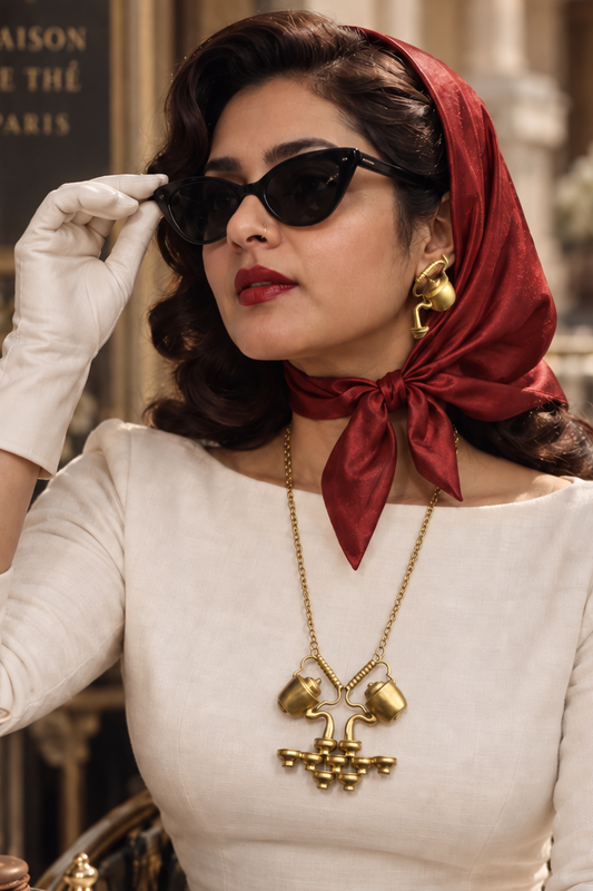 High Tea Premium Sculptural Brass Necklace Jewelry Set (Necklace, Earrings)