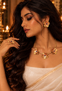 Fleurs Brass Hasli Necklace Jewelry Set (Ear Studs,Necklace,Ring) - Deep Blue