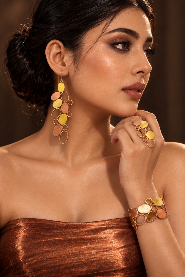 Abstract Circles Brass Dangler Earrings Jewelry Set (Earrings, Bracelet, Ring)