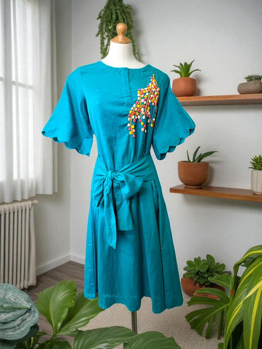 Nobita Embroidered Khadi Cotton Wrap Belt Dress - Turquoise Blue