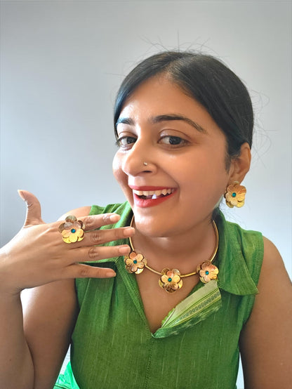 Fleurs Brass Hasli Necklace Jewelry Set (Ear Studs,Necklace,Ring) - Turquoise Blue