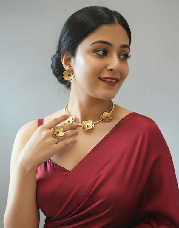 Fleurs Brass Hasli Necklace Jewelry Set (Ear Studs,Necklace,Ring) - Red