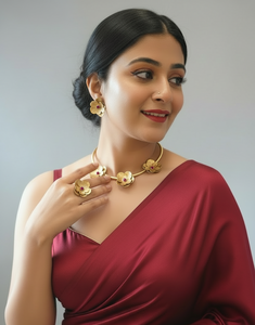 Fleurs Brass Hasli Necklace Jewelry Set (Ear Studs,Necklace,Ring) - Red