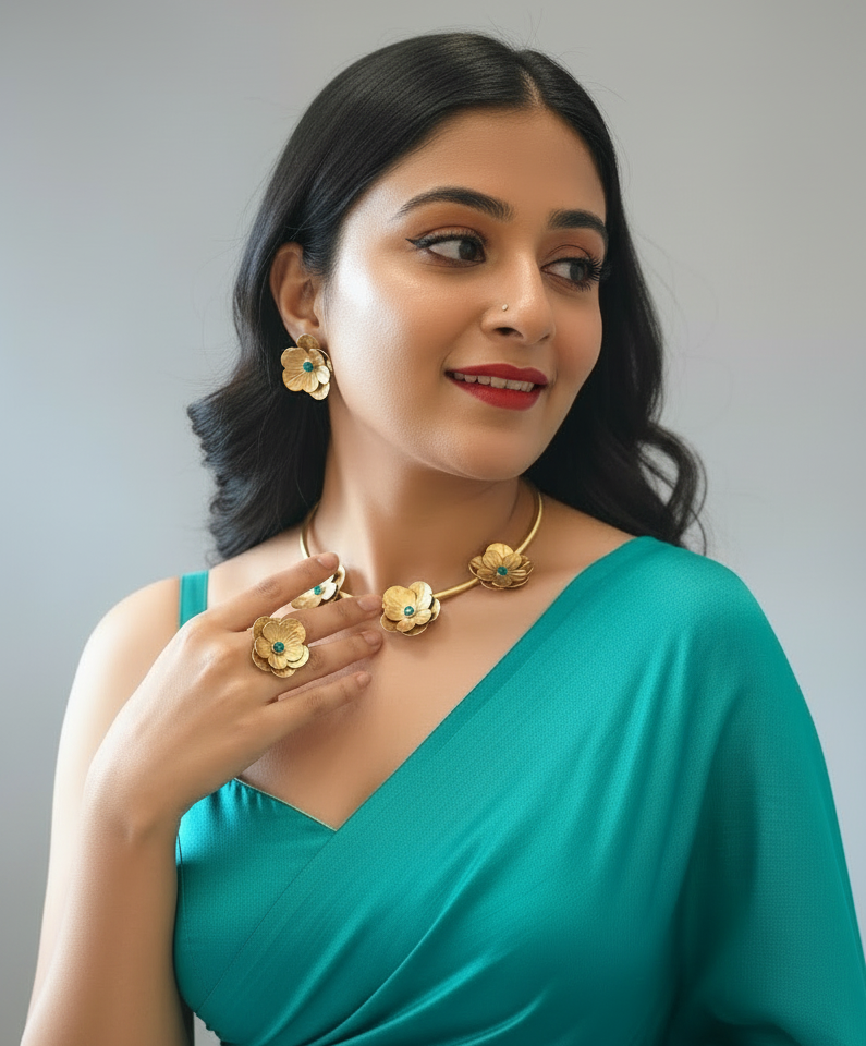 Fleurs Brass Hasli Necklace Jewelry Set (Ear Studs,Necklace,Ring) - Turquoise Blue