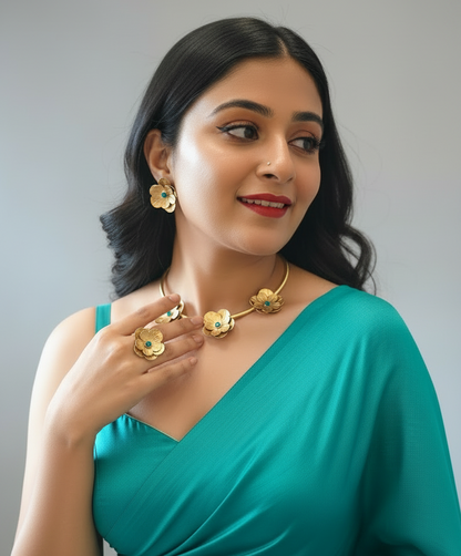 Fleurs Brass Hasli Necklace Jewelry Set (Ear Studs,Necklace,Ring) - Turquoise Blue