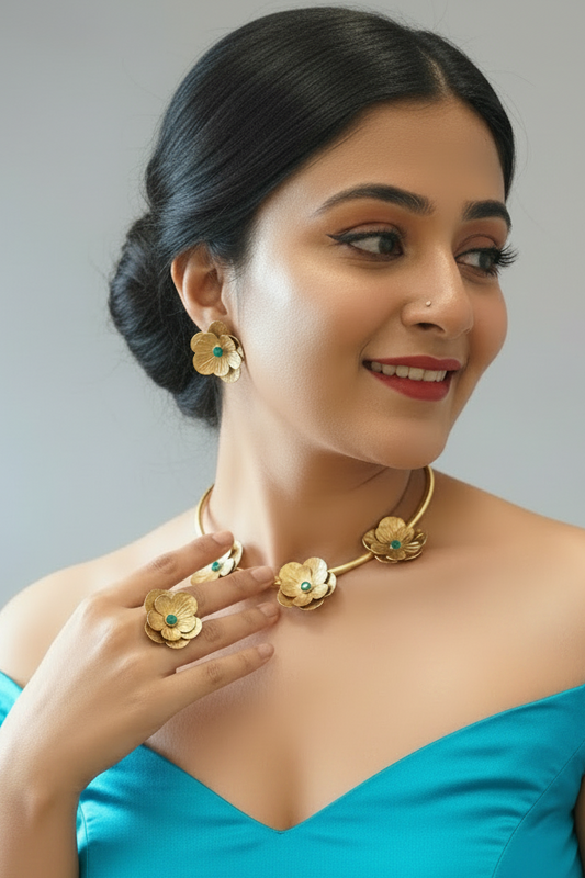 Fleurs Brass Hasli Necklace Jewelry Set (Ear Studs,Necklace,Ring) - Turquoise Blue