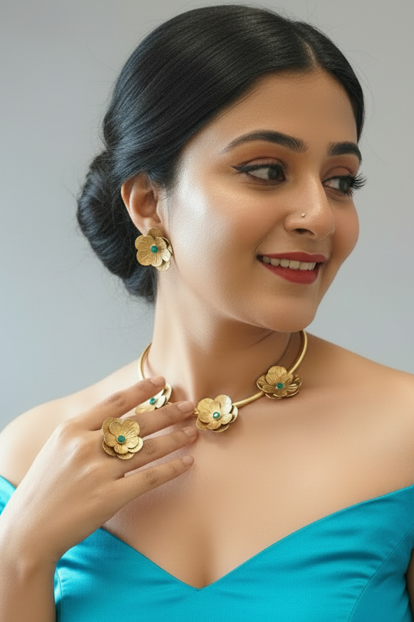Fleurs Brass Hasli Necklace Jewelry Set (Ear Studs,Necklace,Ring) - Turquoise Blue
