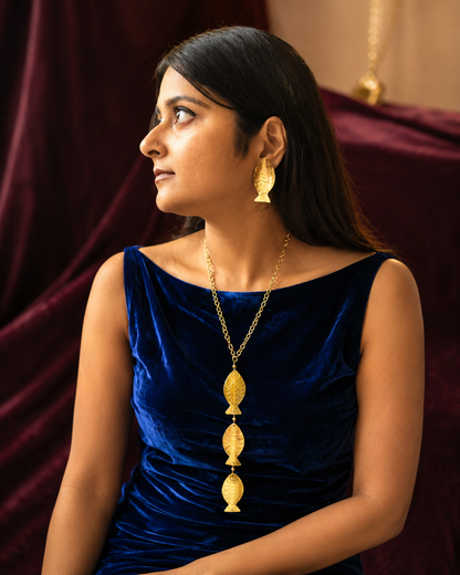 Meenakshi Brass Pendant Chain Necklace Jewelry Set (Necklace, Earrings)