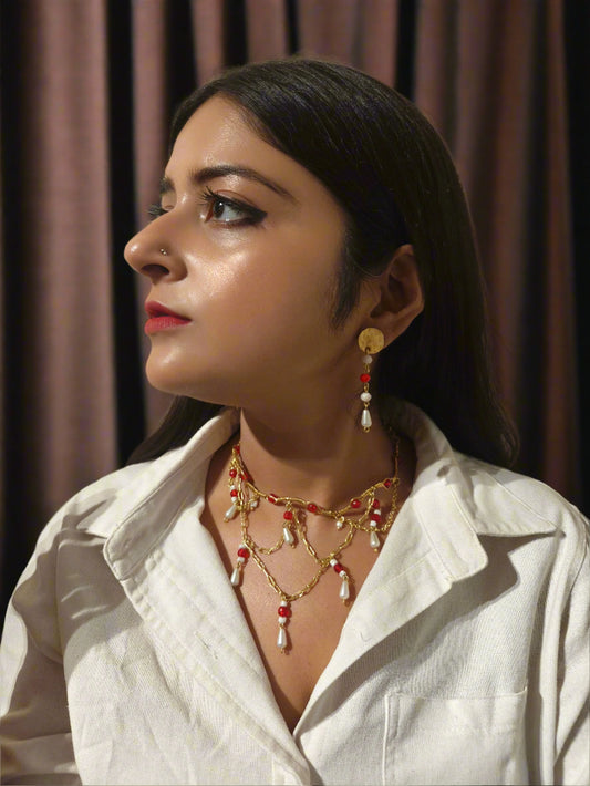 Queen Charlotte Beaded Chain Layered Brass Necklace Jewelry Set (Necklace + Earrings) - Red