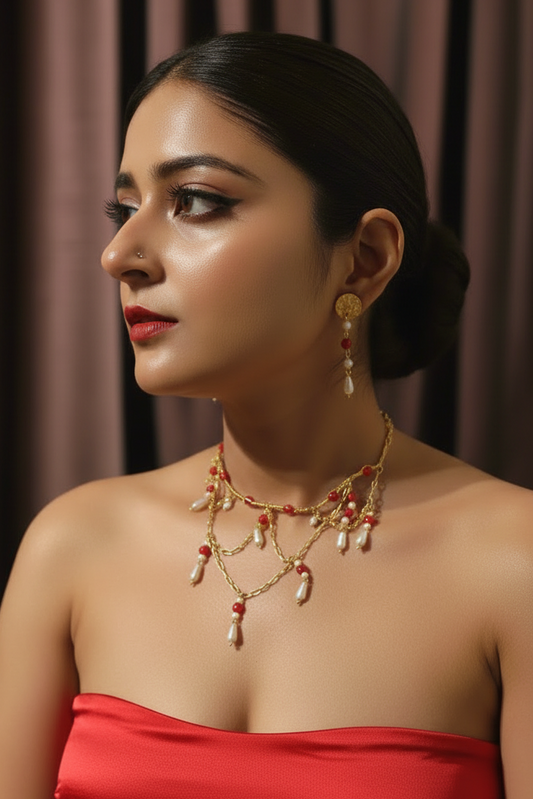 Queen Charlotte Beaded Chain Layered Brass Necklace Jewelry Set (Necklace + Earrings) - Red