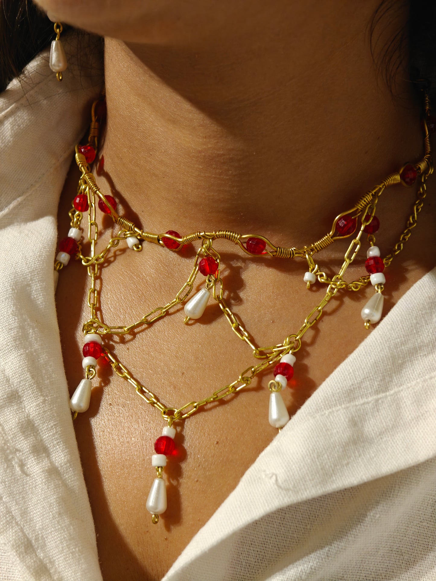 Queen Charlotte Beaded Chain Layered Brass Necklace Jewelry Set (Necklace + Earrings) - Red