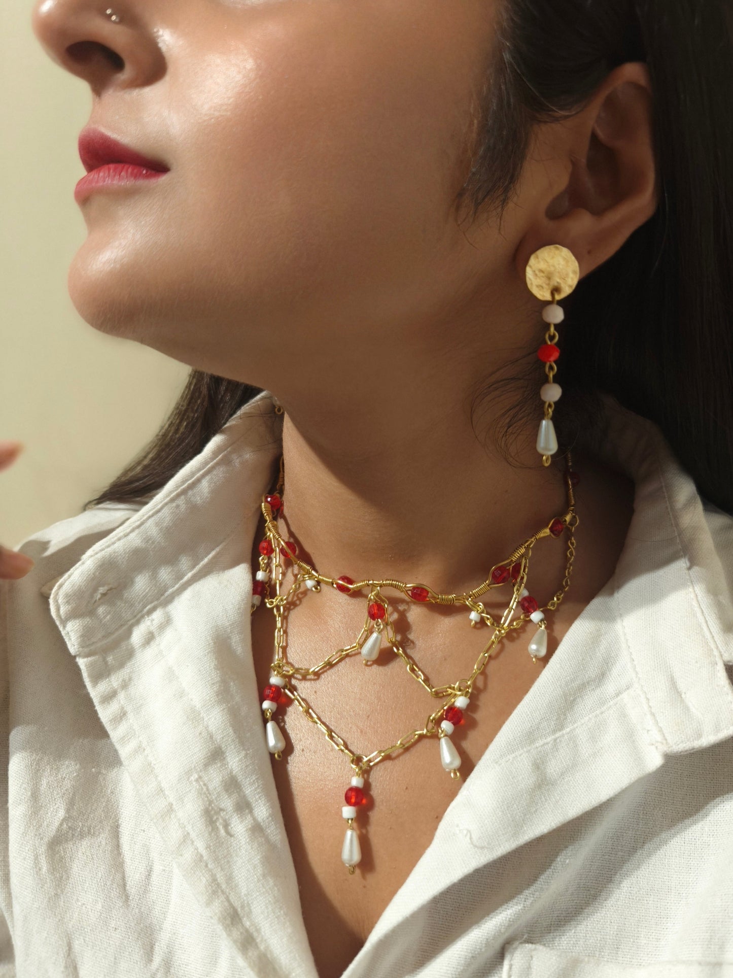 Queen Charlotte Beaded Chain Layered Brass Necklace Jewelry Set (Necklace + Earrings) - Red
