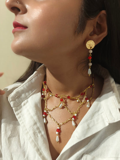 Queen Charlotte Beaded Chain Layered Brass Necklace Jewelry Set (Necklace + Earrings) - Red