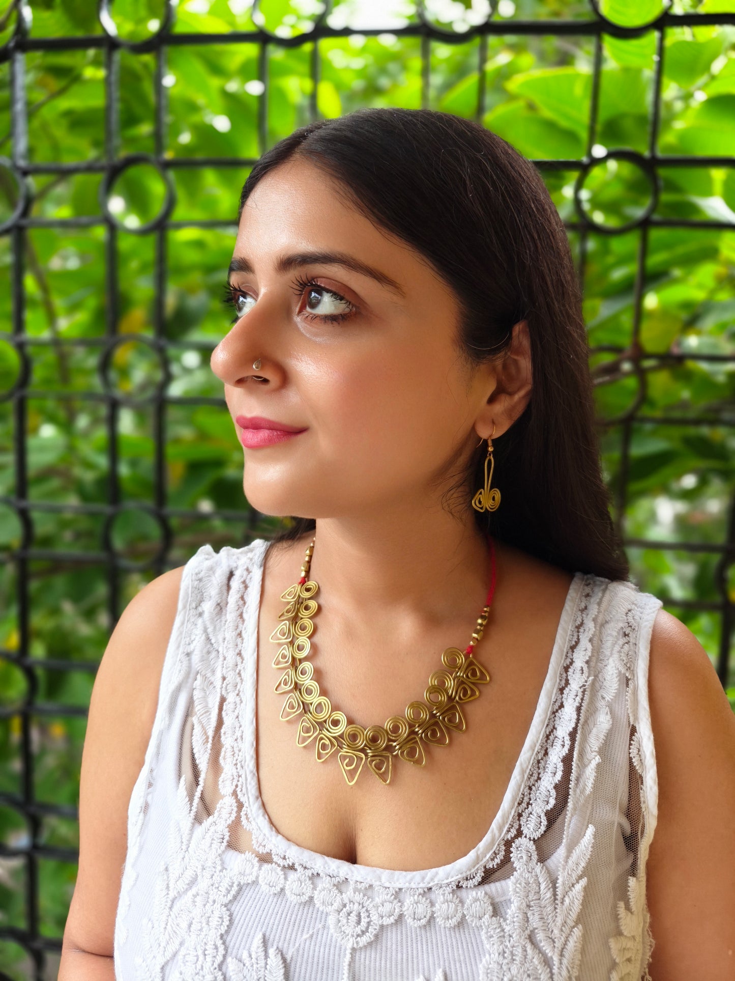 Rangabati Brass Choker Necklace Jewelry Set - Red
