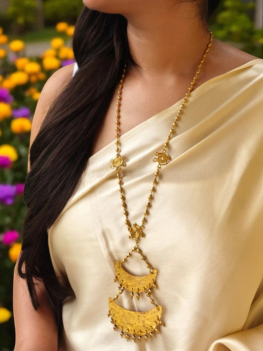 Dwitiya Chandni Moon Brass Long Pendant Chain Necklace Jewelry Set (Necklace + Earrings)
