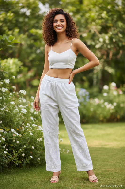 Haseena Chikankari Straight Rayon Pants - White