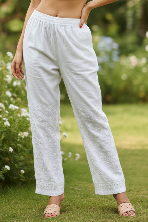 Haseena Chikankari Straight Rayon Pants - White